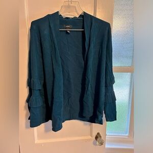 Open front teal cardigan with detailed sleeves